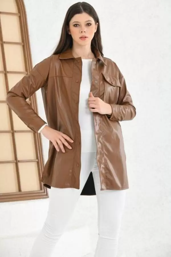 Gömlek Yaka Çıtçıtlı Cepli Kahverengi Kadın Deri Ceket