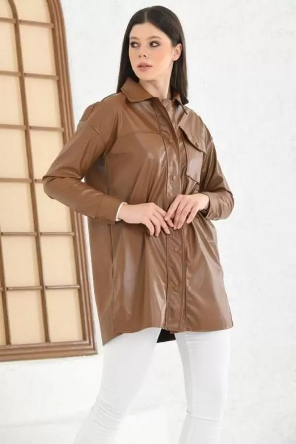 Gömlek Yaka Çıtçıtlı Cepli Kahverengi Kadın Deri Ceket