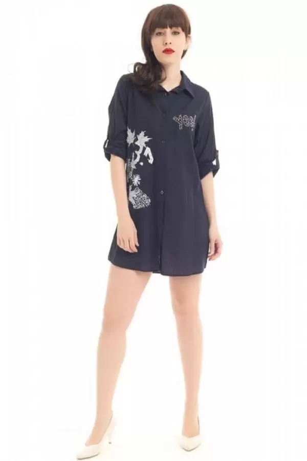 Gömlek Yaka İnci Yazı Baskılı Lacivert Kadın Keten Tunik