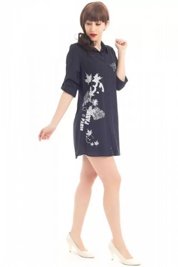 Gömlek Yaka İnci Yazı Baskılı Lacivert Kadın Keten Tunik
