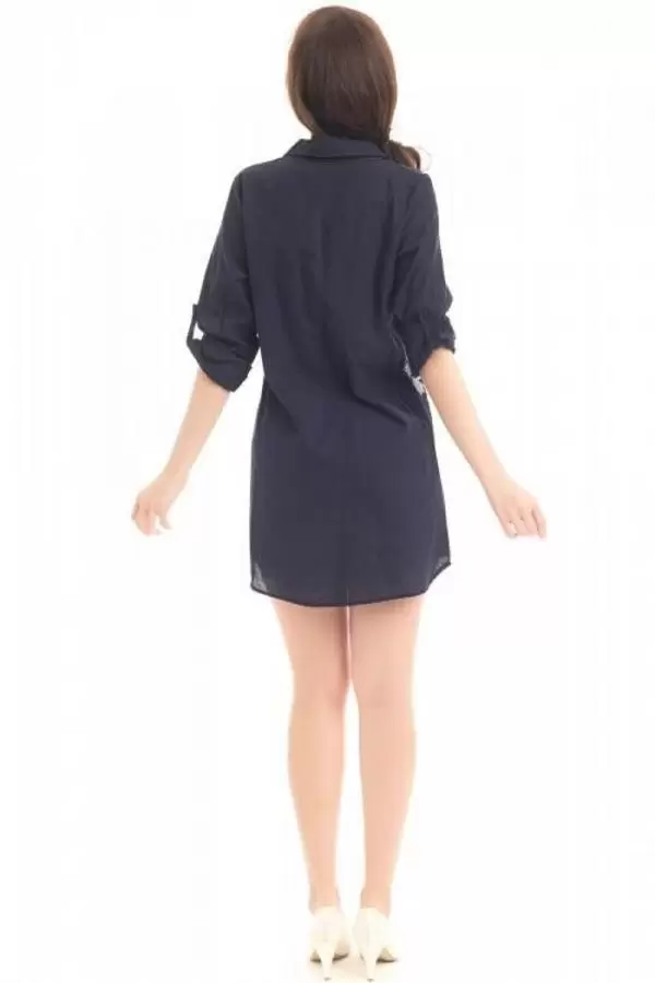 Gömlek Yaka İnci Yazı Baskılı Lacivert Kadın Keten Tunik