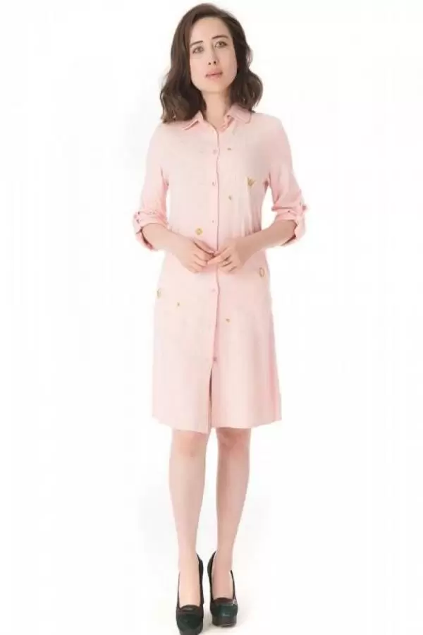 Gömlek Yaka Nakış İşlemeli Pembe Kadın Tunik