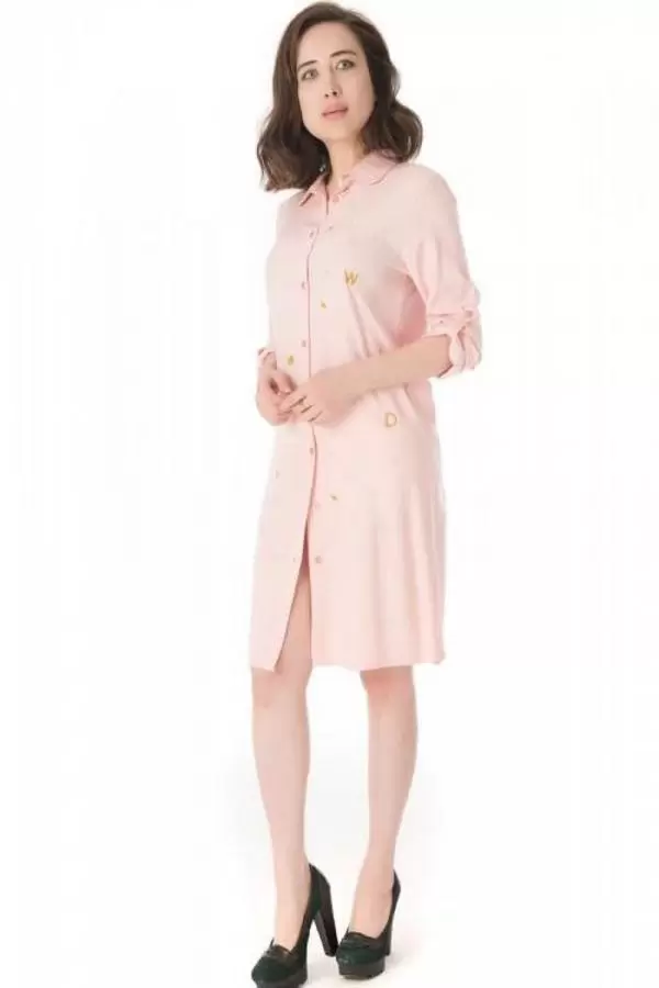 Gömlek Yaka Nakış İşlemeli Pembe Kadın Tunik