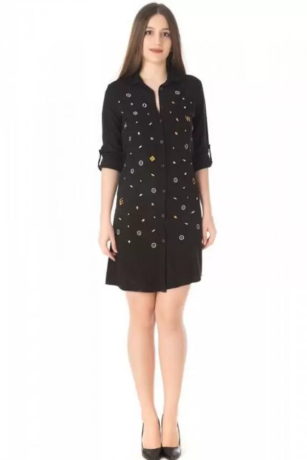 Gömlek Yaka Nakış İşlemeli Siyah Kadın Tunik