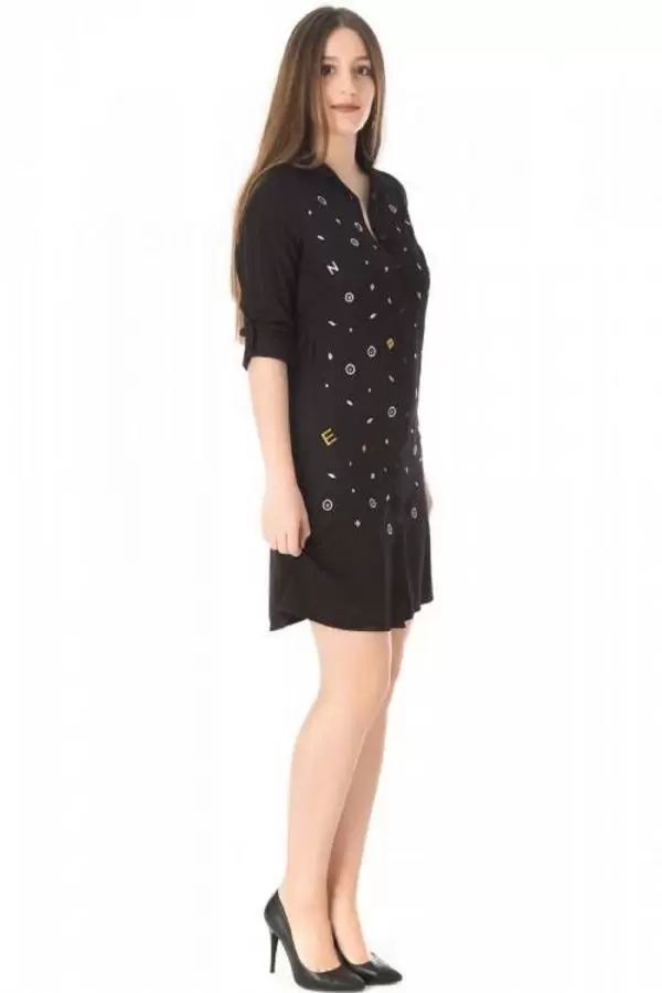 Gömlek Yaka Nakış İşlemeli Siyah Kadın Tunik