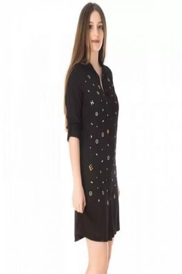 Gömlek Yaka Nakış İşlemeli Siyah Kadın Tunik