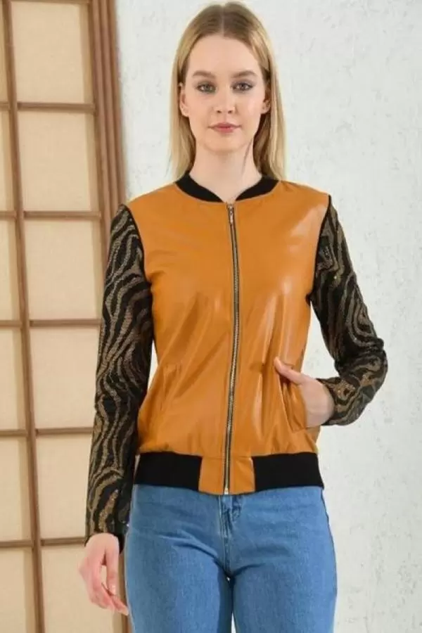 Hakim Yaka Kolları Taşlı Hardal Kadın Deri Mont