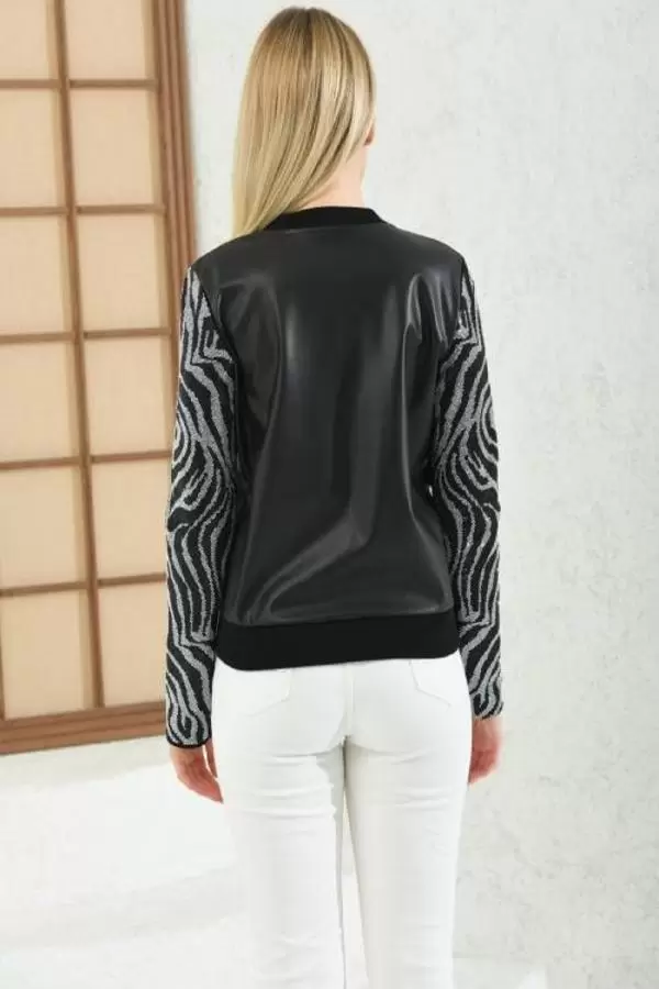 Hakim Yaka Kolları Taşlı Siyah Kadın Deri Mont