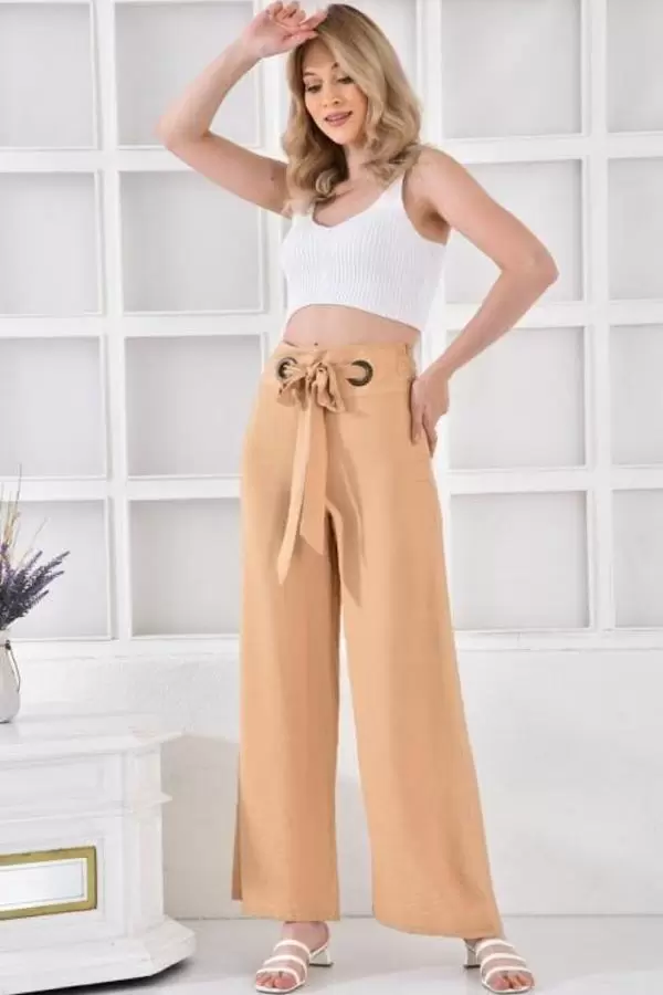 Halkalı Bol Paça Bağcıklı Camel Keten Kadın Pantolon
