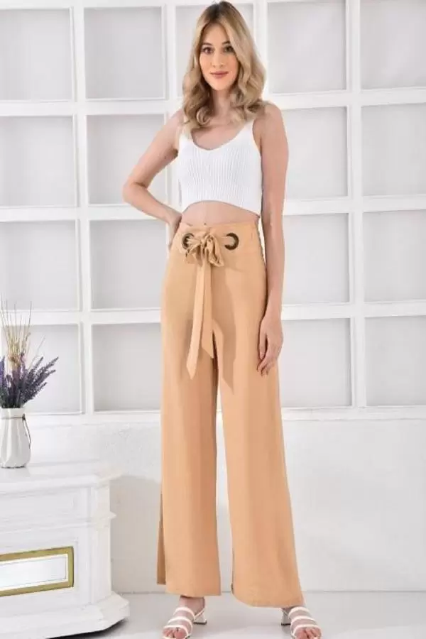 Halkalı Bol Paça Bağcıklı Camel Keten Kadın Pantolon
