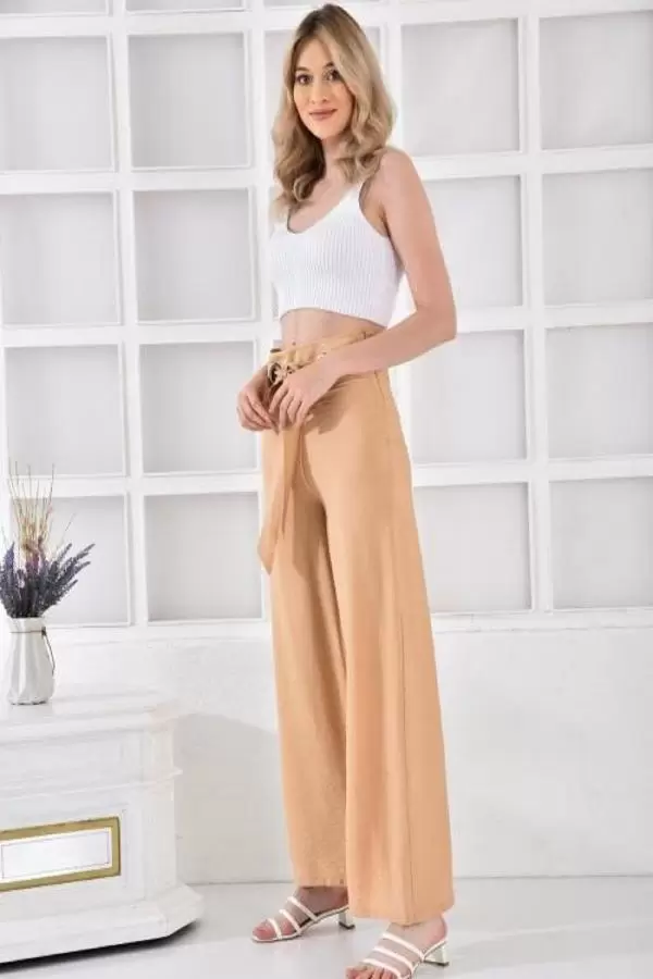 Halkalı Bol Paça Bağcıklı Camel Keten Kadın Pantolon