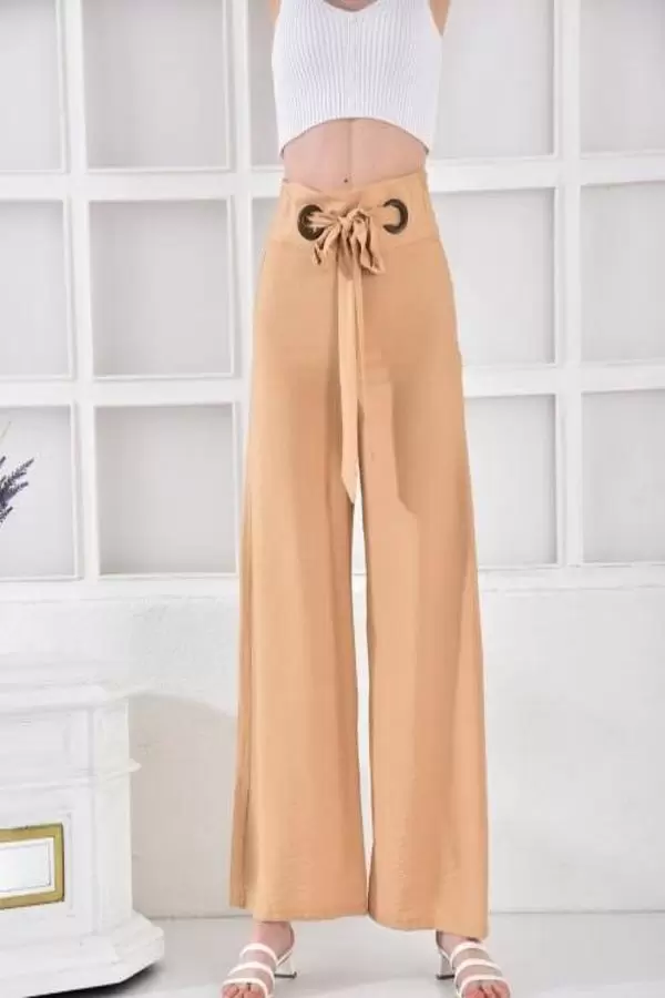 Halkalı Bol Paça Bağcıklı Camel Keten Kadın Pantolon