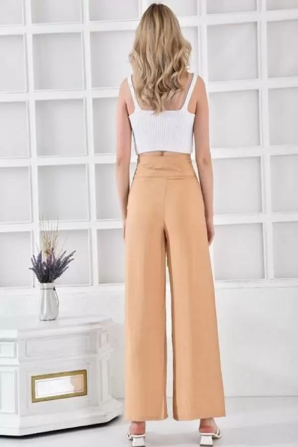 Halkalı Bol Paça Bağcıklı Camel Keten Kadın Pantolon