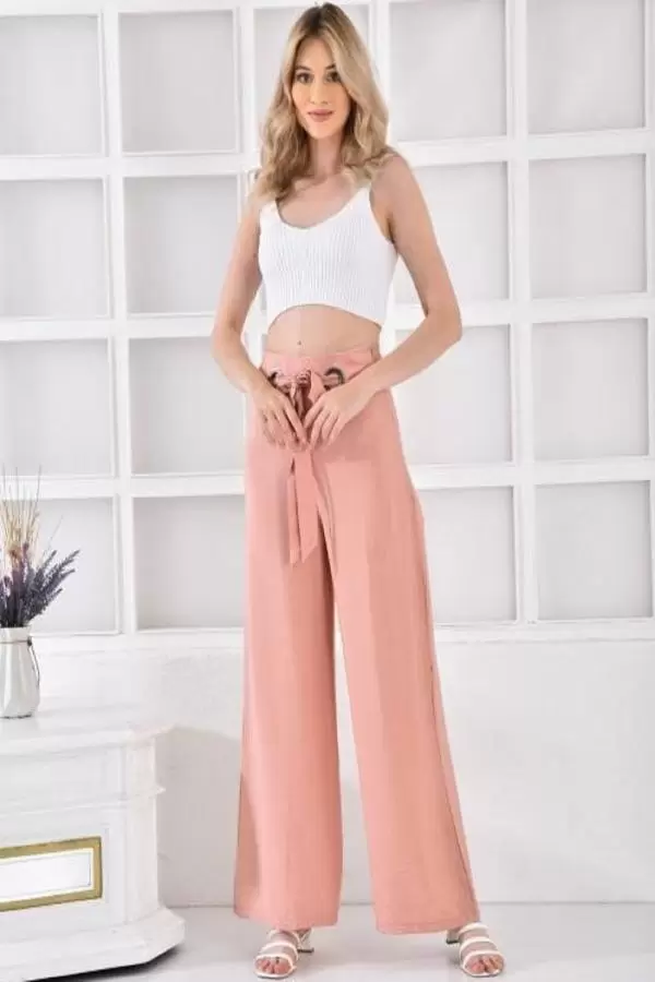 Halkalı Bol Paça Bağcıklı Pudra Keten Kadın Pantolon