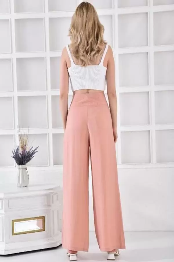 Halkalı Bol Paça Bağcıklı Pudra Keten Kadın Pantolon