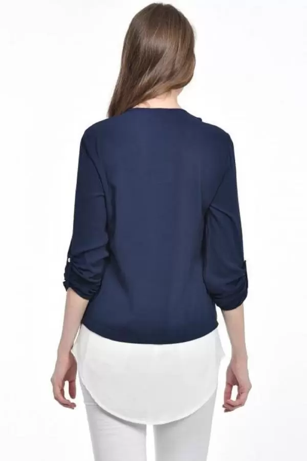 İnci Detaylı Lacivert Kadın Krep Bluz