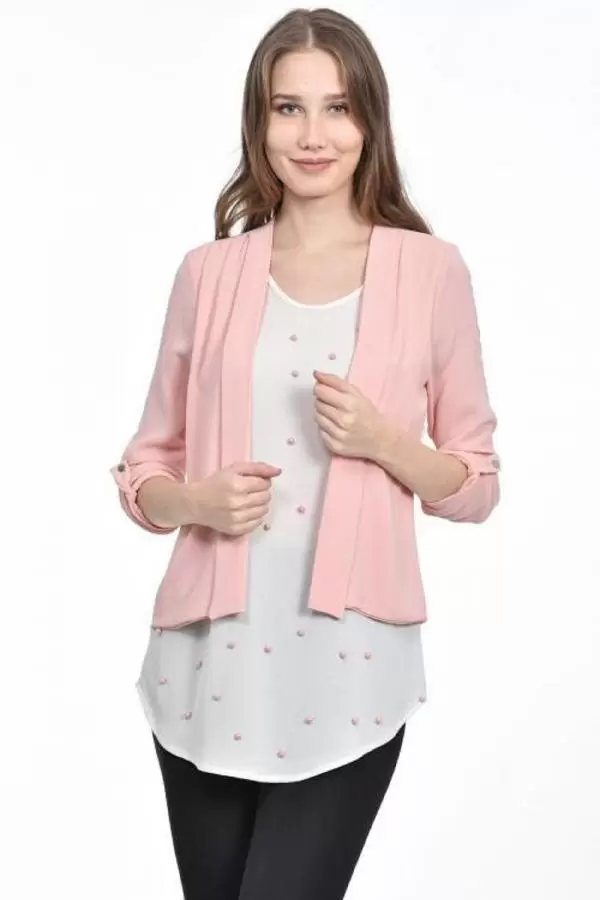İnci Detaylı Pudra Kadın Krep Bluz
