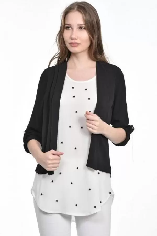 İnci Detaylı Siyah Kadın Krep Bluz
