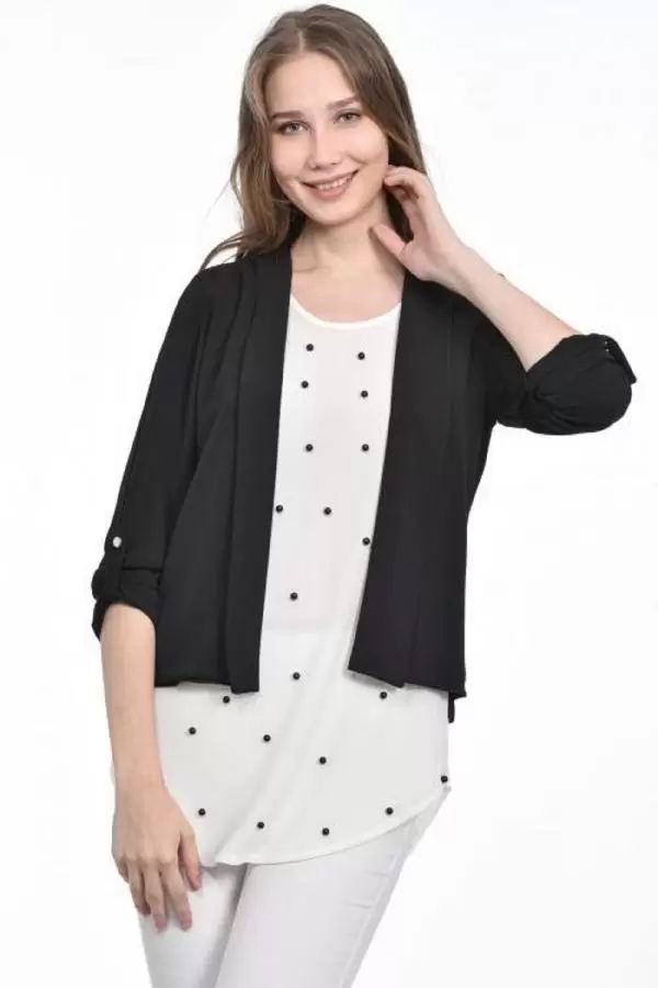 İnci Detaylı Siyah Kadın Krep Bluz