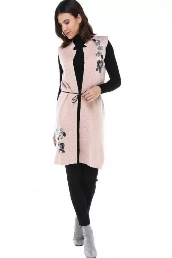 İncili ve Pullu Somon Triko Kadın Yelek