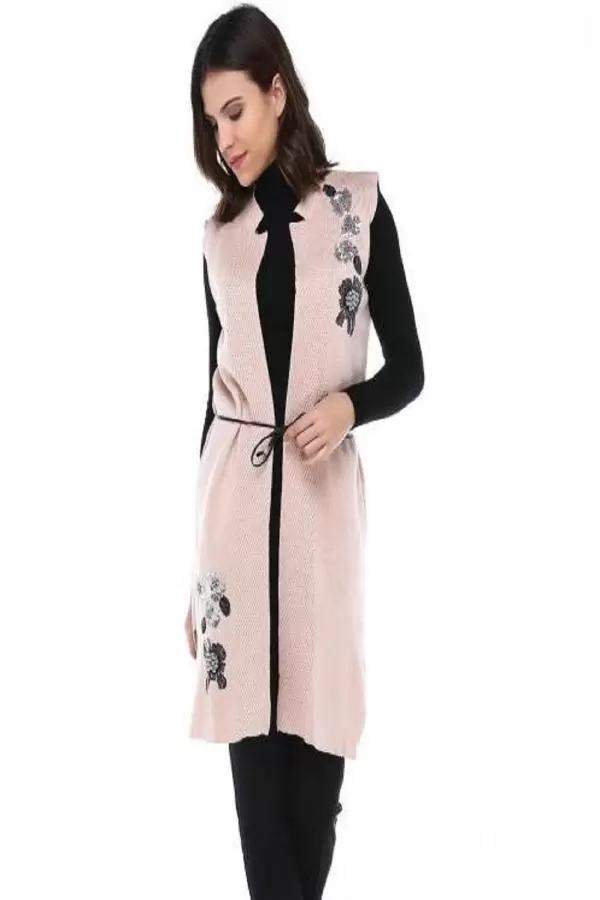 İncili ve Pullu Somon Triko Kadın Yelek