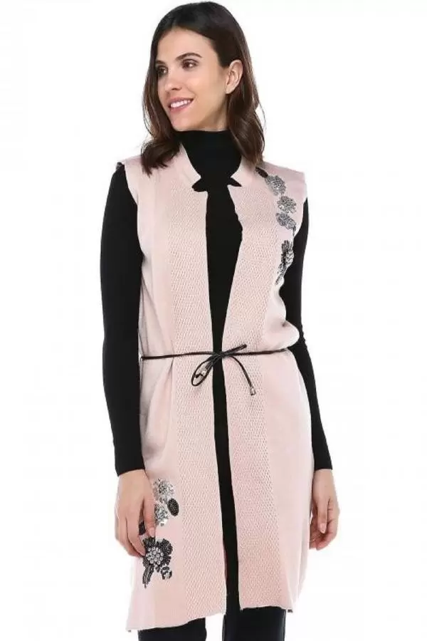 İncili ve Pullu Somon Triko Kadın Yelek