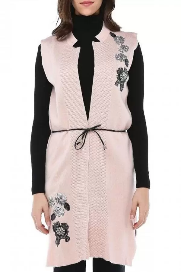 İncili ve Pullu Somon Triko Kadın Yelek