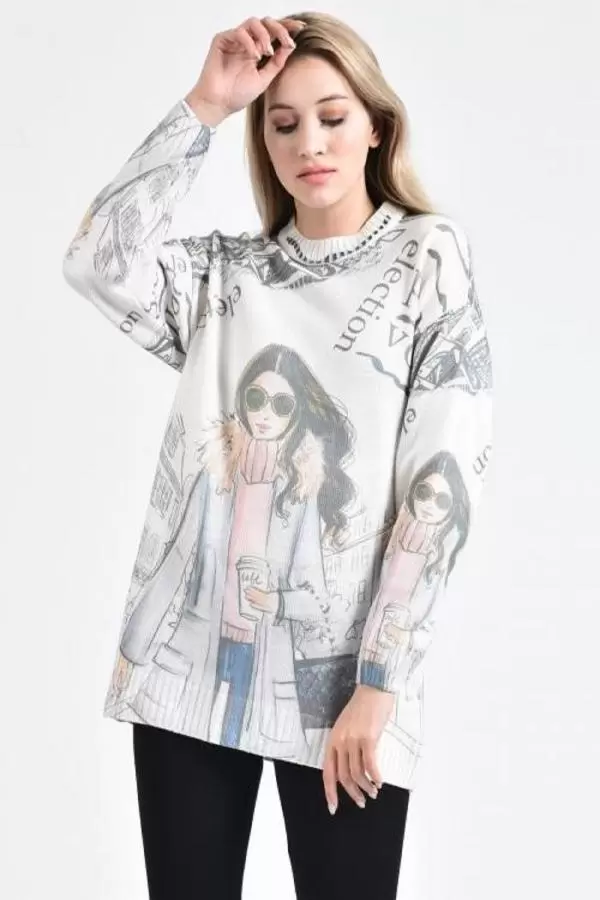 Kadın ve Yazı Baskılı Ekru-Gri Kadın Kazak
