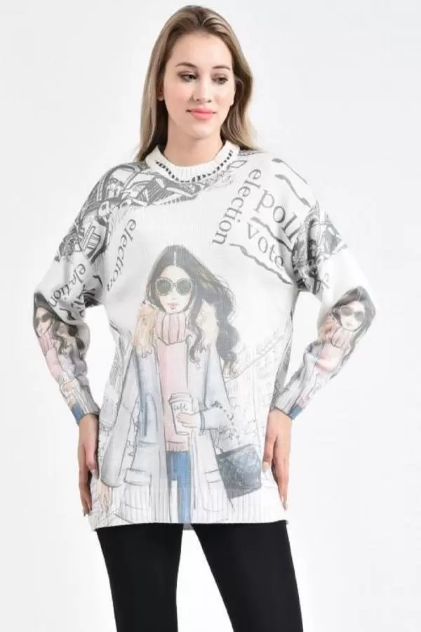 Kadın ve Yazı Baskılı Ekru-Gri Kadın Kazak