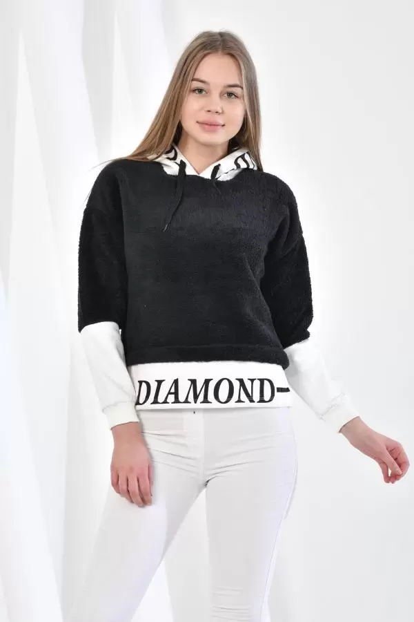 Kapüşonlu Baskılı Uzun Kollu Siyah Peluş Kadın Sweatshirt