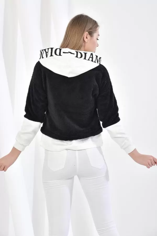 Kapüşonlu Baskılı Uzun Kollu Siyah Peluş Kadın Sweatshirt