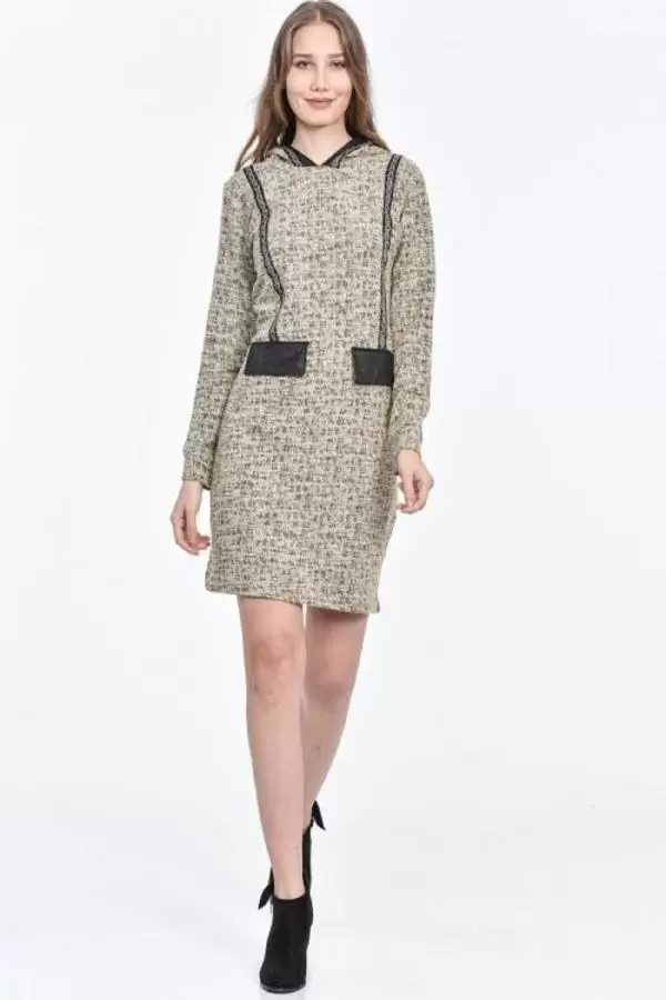 Kapüşonlu Cep ve Şeritli Kırçıllı Kahve Kadın Elbise