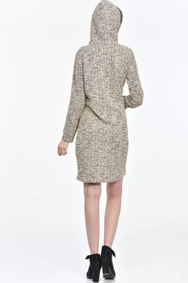 Kapüşonlu Cep ve Şeritli Kırçıllı Kahve Kadın Elbise