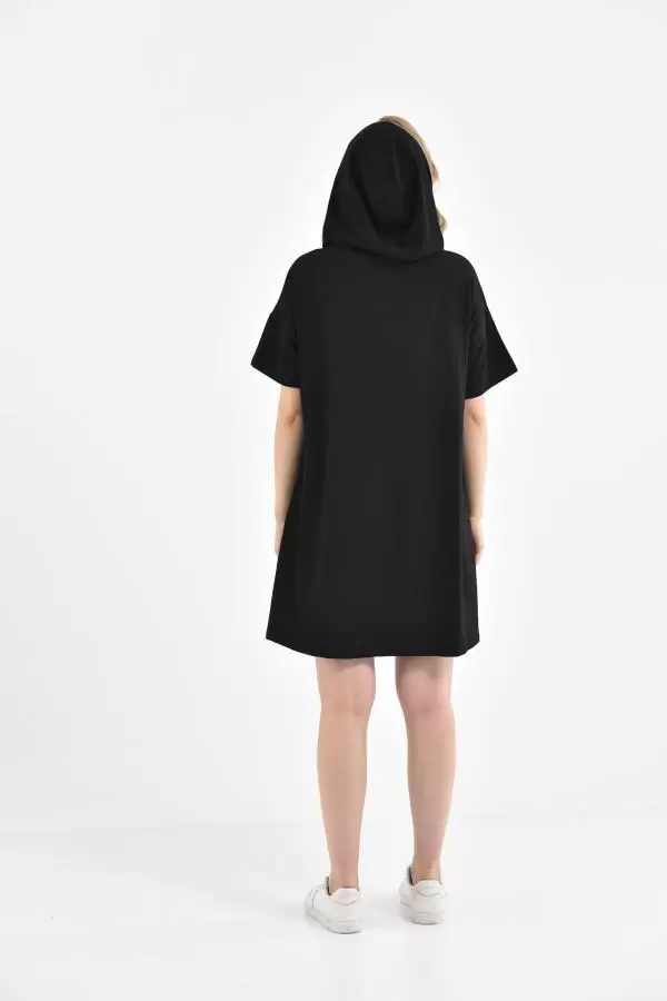 Kapüşonlu Fermuarlı Taş Dizinli Cepli Siyah Kadın Elbise