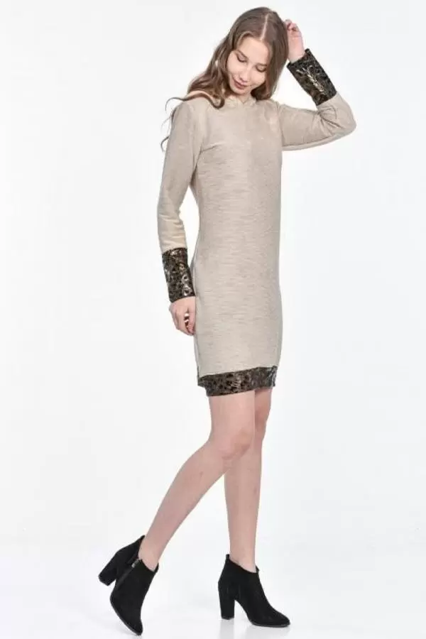 Kapüşonlu Kol ve Etek Deri Detaylı Bej Kadın Elbise