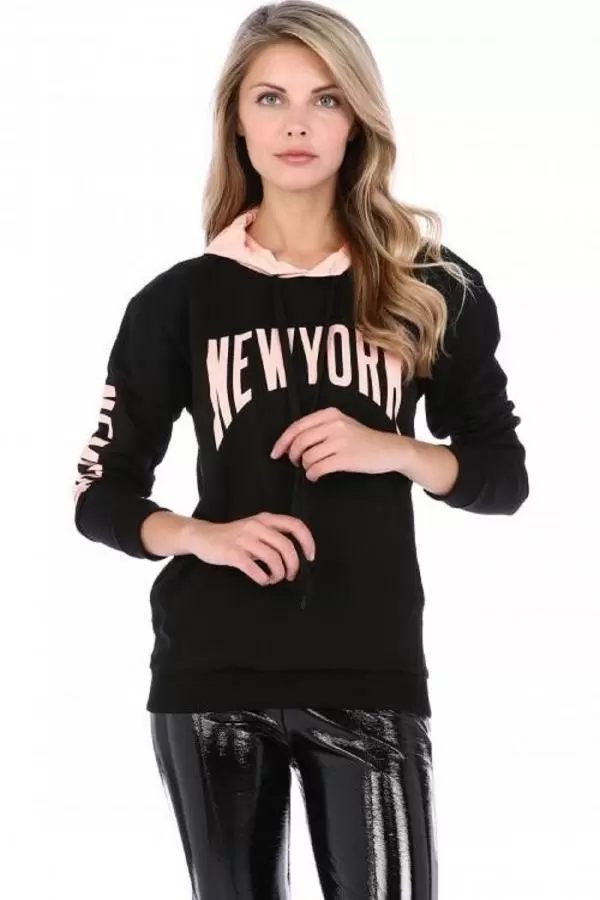 Kapüşonlu Kol ve Göğüs Baskılı Siyah Kadın Sweatshirt