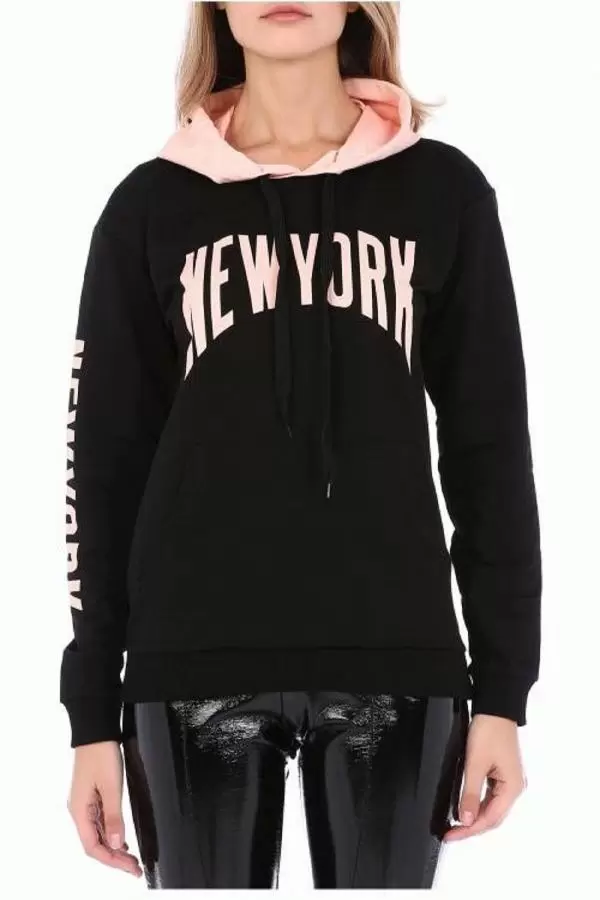 Kapüşonlu Kol ve Göğüs Baskılı Siyah Kadın Sweatshirt