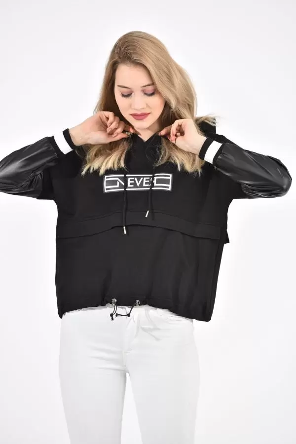 Kapüşonlu Kolları Derili ve Baskılı Siyah Kadın Sweatshirt