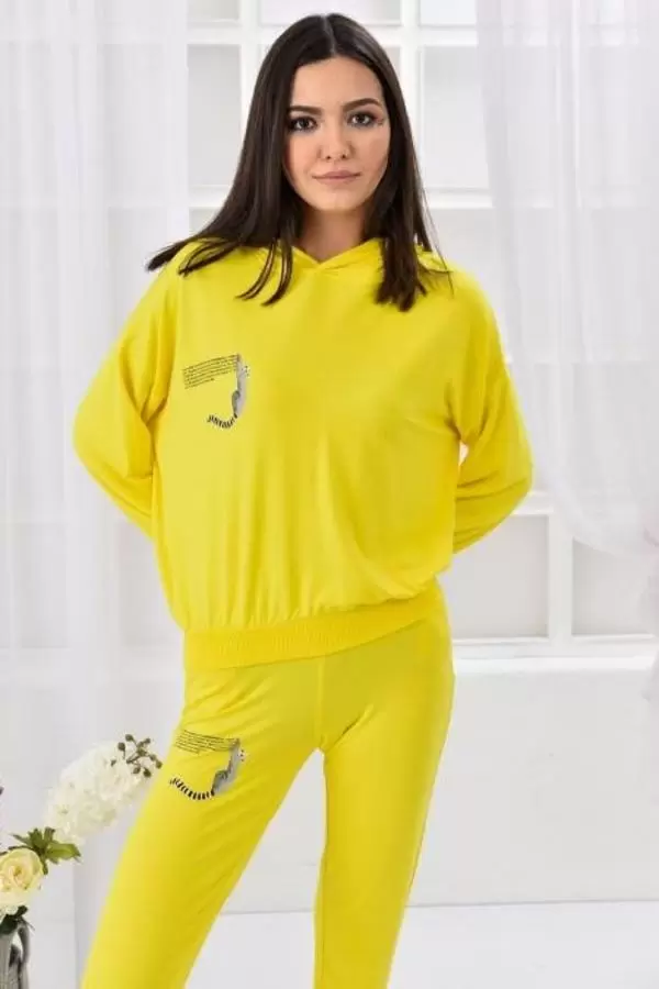 Kapüşonlu Nakış Detaylı Uzun Kollu Sarı Üçlü Kadın Eşofman Takım