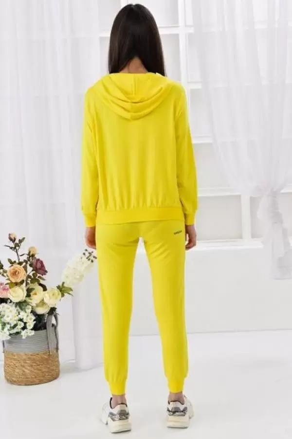 Kapüşonlu Nakış Detaylı Uzun Kollu Sarı Üçlü Kadın Eşofman Takım