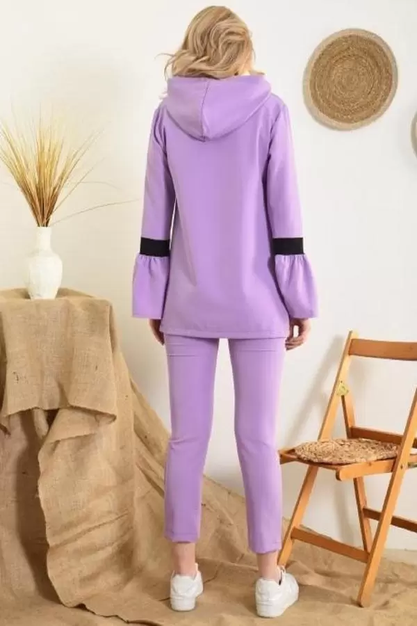 Kapüşonlu ve Bağcıklı Pile Kol Ağızlı Alt Üst Lila Kadın Eşofman Takım