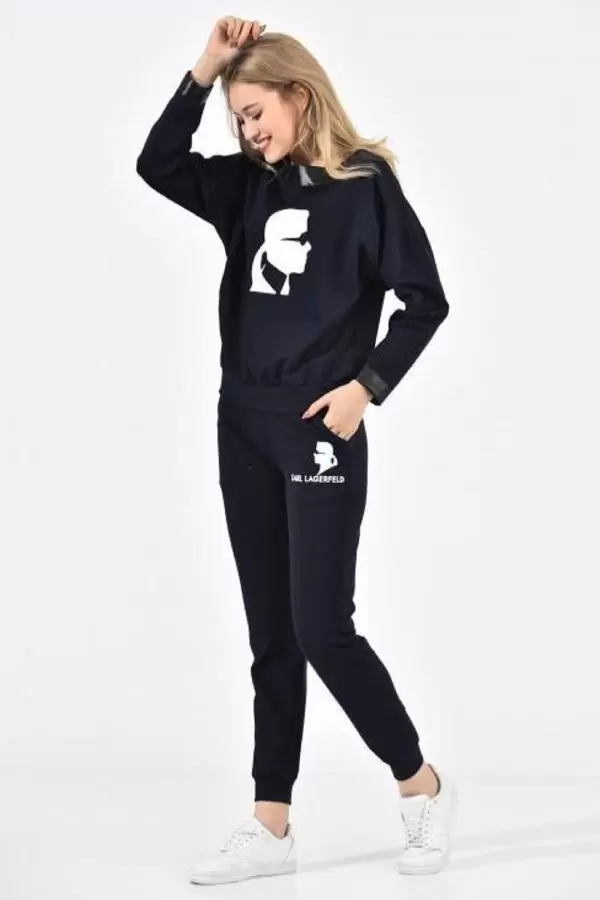 Kayık Deri Yakalı Baskılı Lacivert Kadın Eşofman Takım