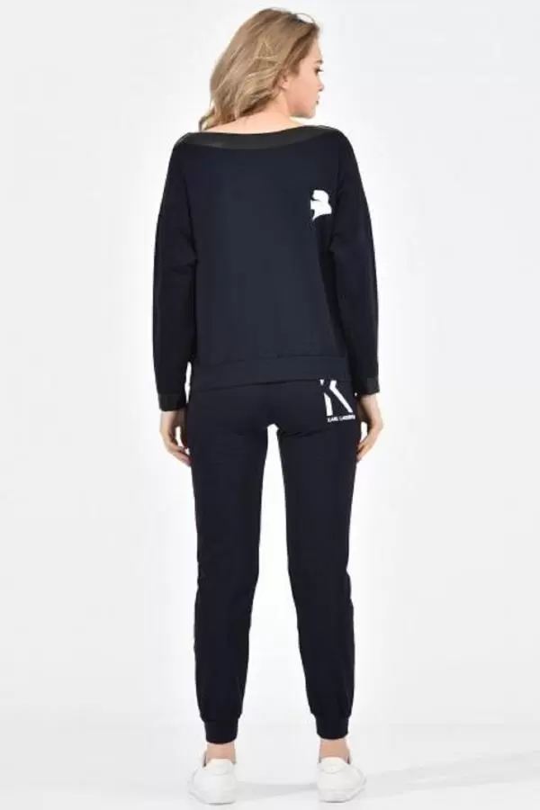 Kayık Deri Yakalı Baskılı Lacivert Kadın Eşofman Takım