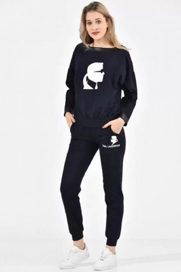 Kayık Deri Yakalı Baskılı Lacivert Kadın Eşofman Takım