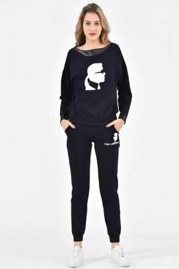 Kayık Deri Yakalı Baskılı Lacivert Kadın Eşofman Takım