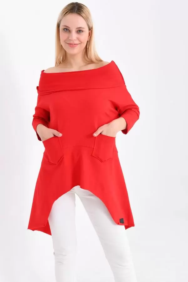 Kayık Yaka Asimetrik Kesimli Kırmızı Kadın Tunik