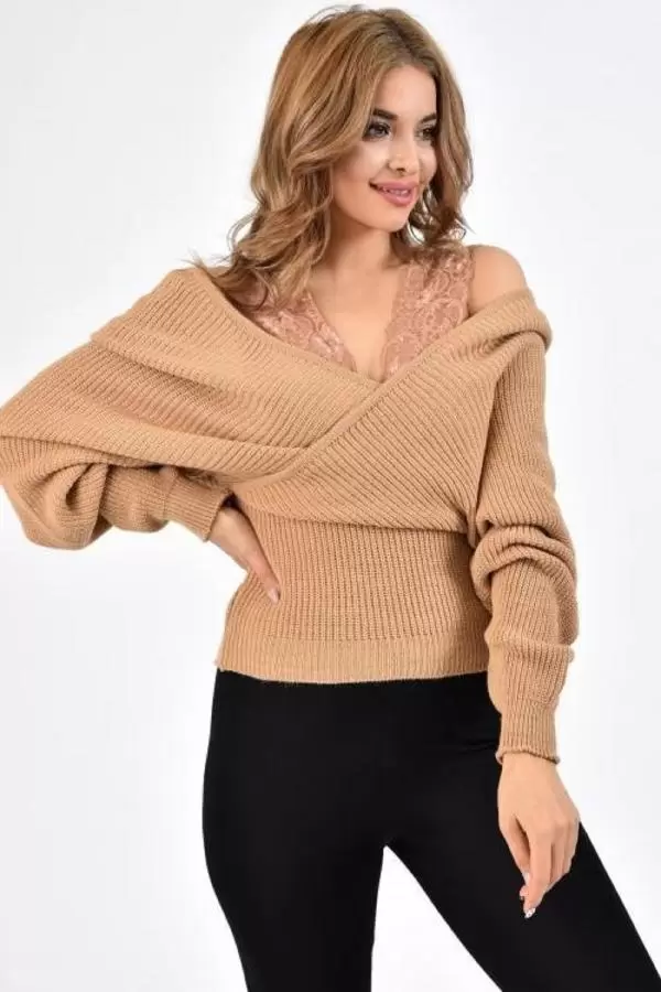 Kayık Yaka Dantel Detaylı Askılı Vizon Triko Kadın Bluz