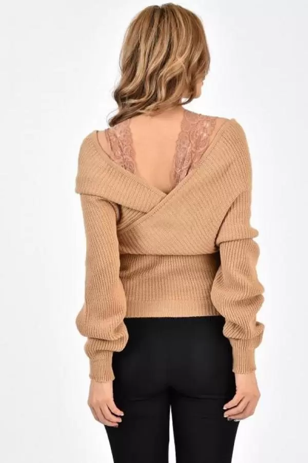 Kayık Yaka Dantel Detaylı Askılı Vizon Triko Kadın Bluz