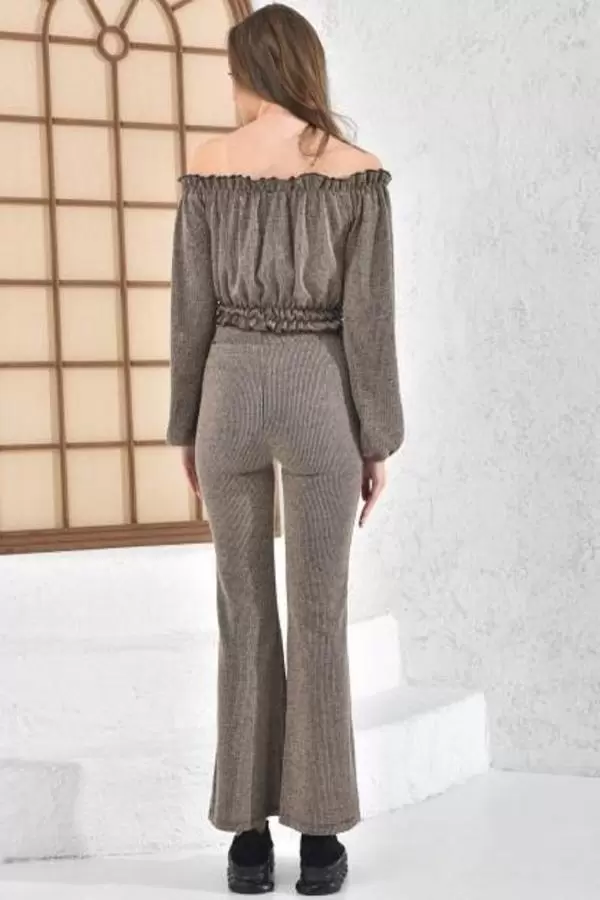 Kayık Yaka Geniş Paça Kaşkorse Kahverengi Kadın Eşofman Takım