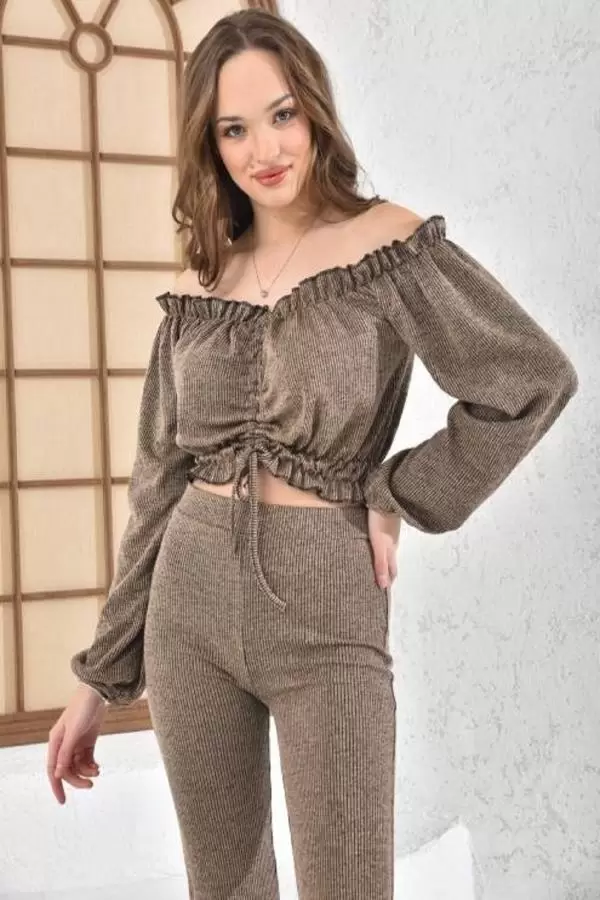 Kayık Yaka Geniş Paça Kaşkorse Kahverengi Kadın Eşofman Takım